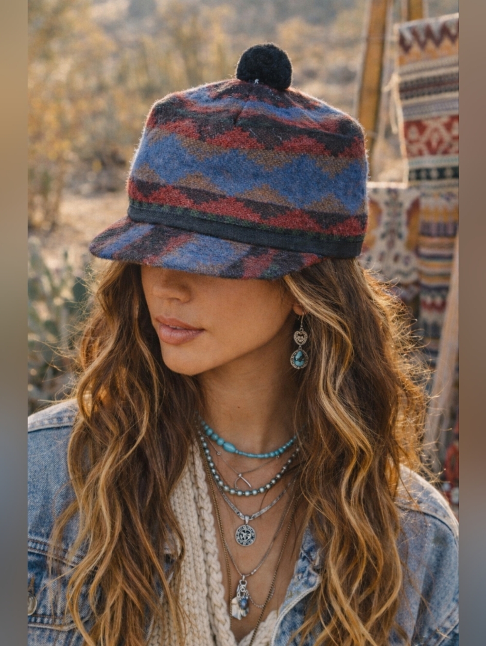 Vintage Wool Western Aztec Hat Boho Festival Tribal Print Cap Pom Top Statement
